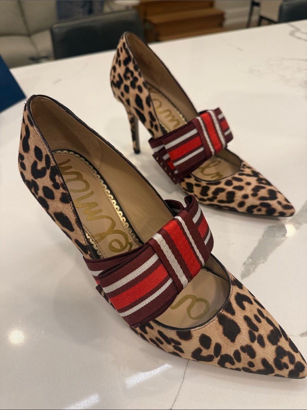 Sam Edelman Leopard Print Pointed Toe Pumps with Red Striped Bow Accent